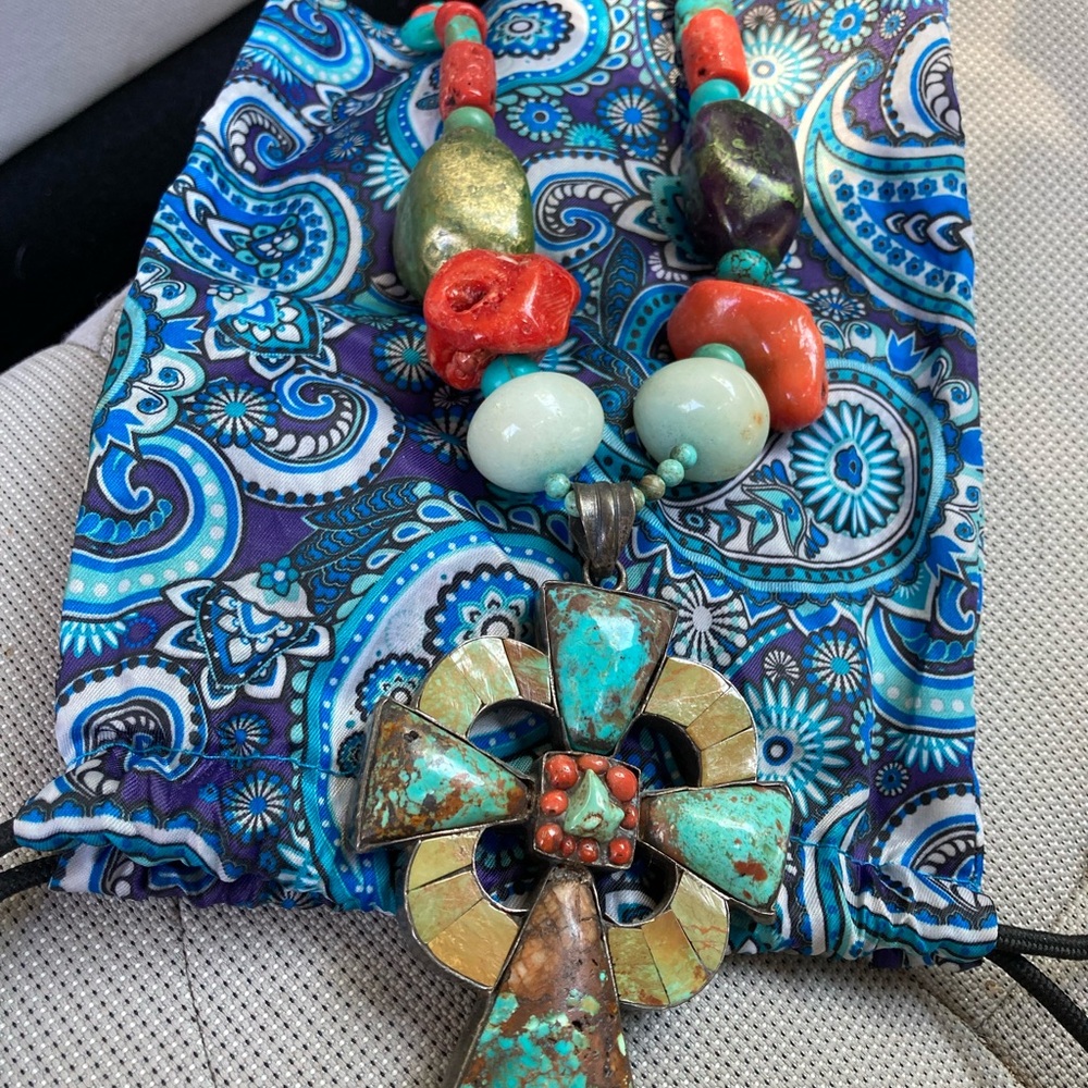 Turquoise and Coral Pendant Necklace